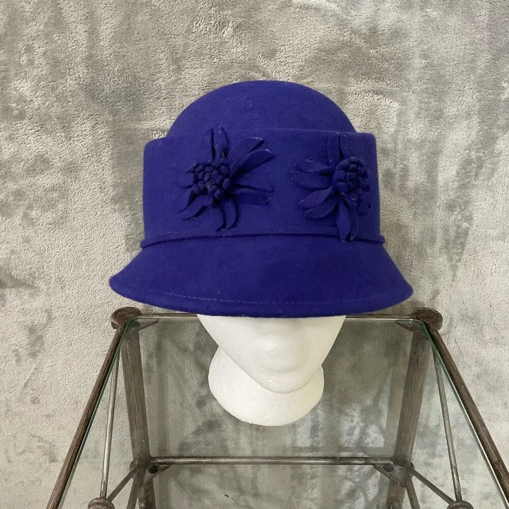 Vintage Andora Felt Cloche Bucket Hat Floral adjustable OS Royal Blue